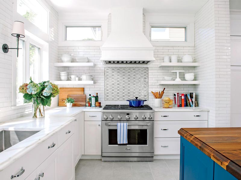 White kitchen with blue island kitchen remodel